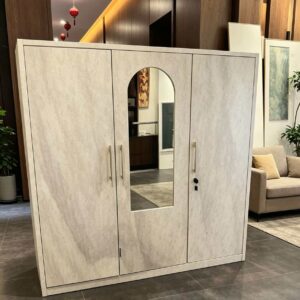 Modern 3-Door Steel Wardrobe with Arch Mirror - Premium Marble Pattern Bedroom Storage