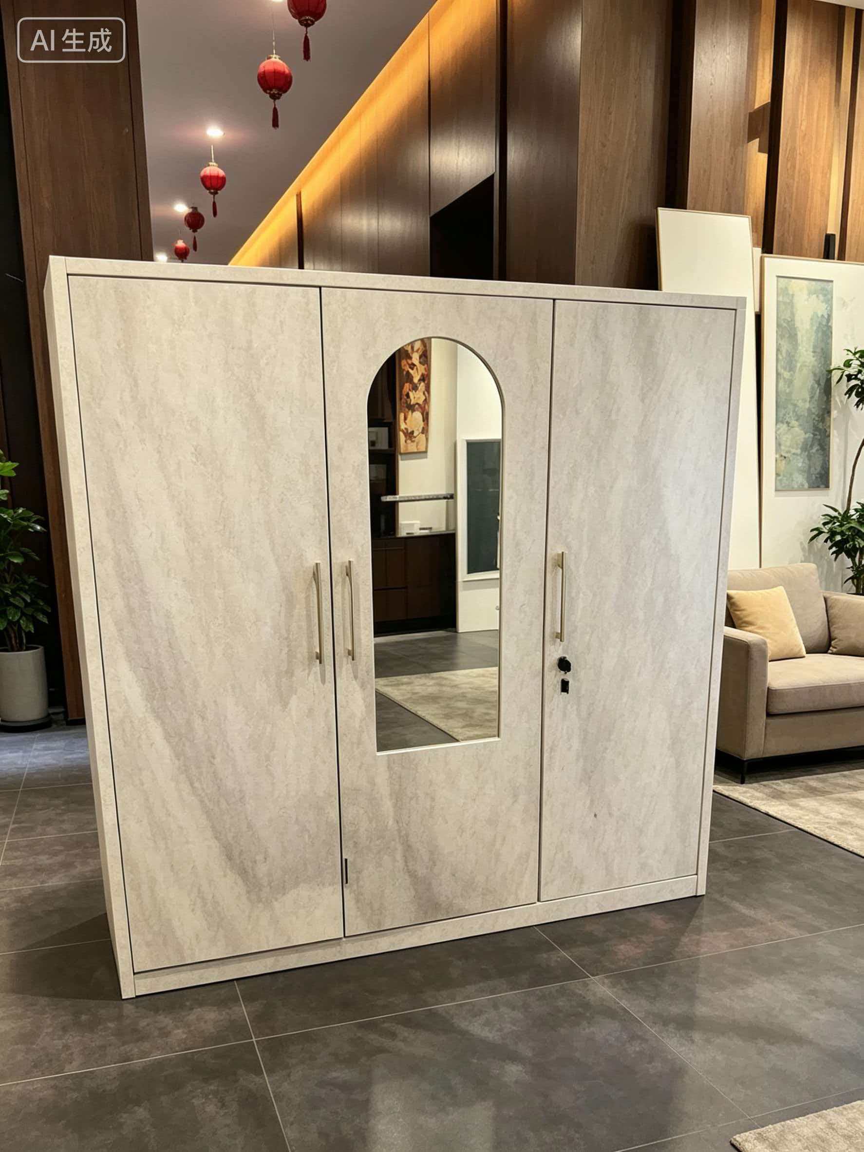 Modern 3-Door Steel Wardrobe with Arch Mirror - Premium Marble Pattern Bedroom Storage