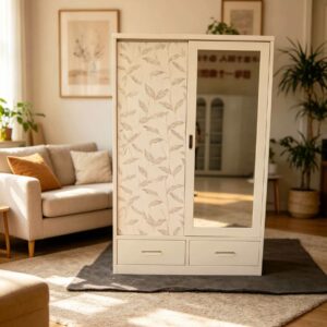 Modern 2-Door Steel Wardrobe with Mirror and Drawers - Durable Home Bedroom Storage Solution