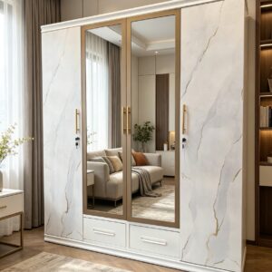 Modern 4-Door Steel Wardrobe with Dual Mirror Panels - Luxury Marble Pattern Bedroom Storage