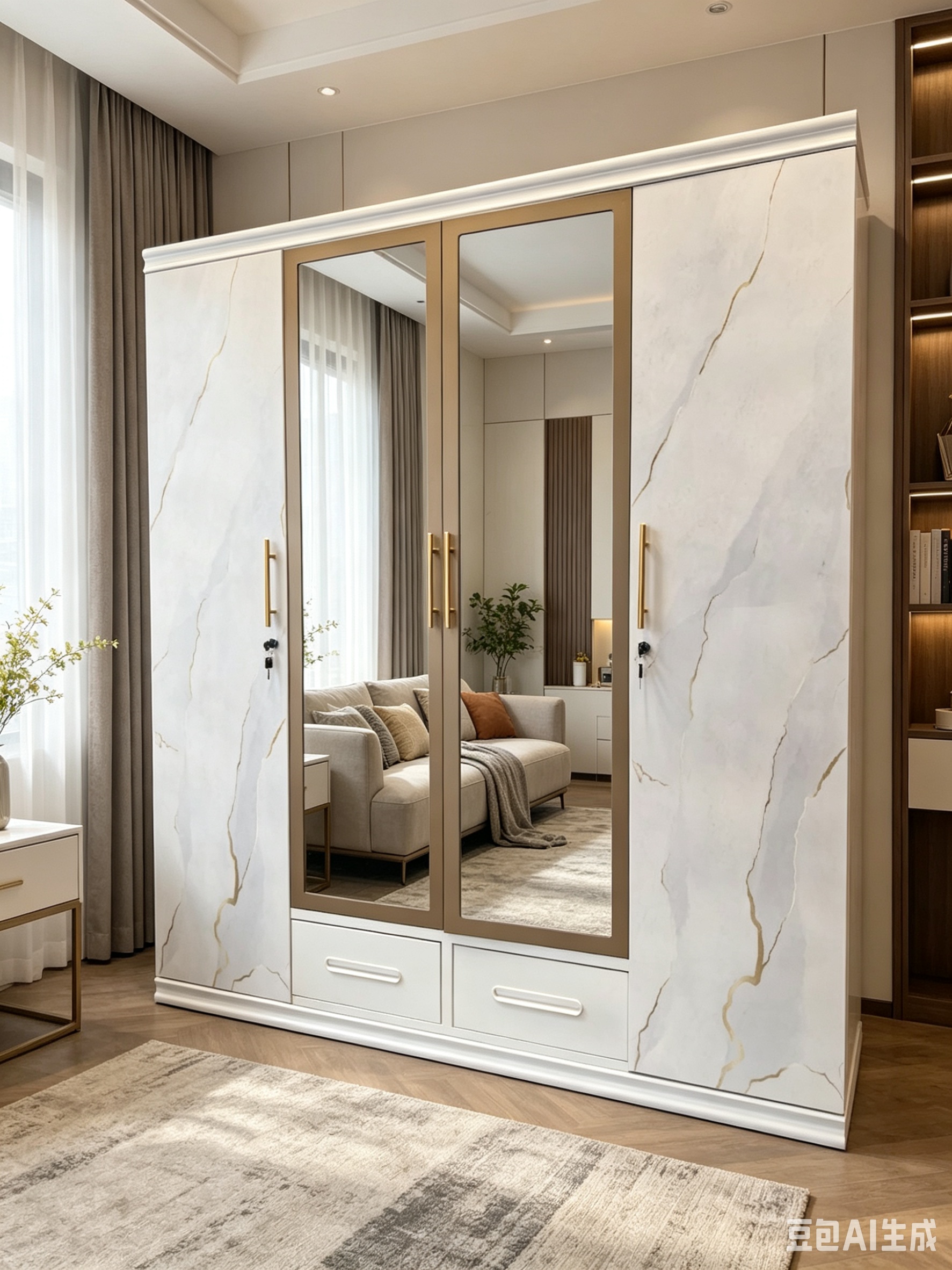 Modern 4-Door Steel Wardrobe with Dual Mirror Panels - Luxury Marble Pattern Bedroom Storage