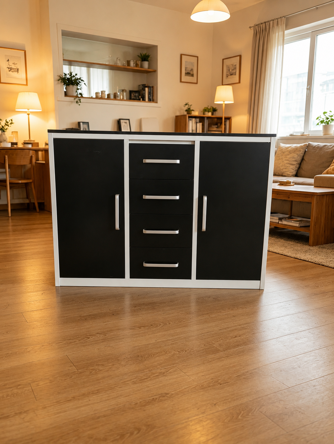 Modern Compact Steel Low Storage Cabinet – Versatile Credenza with Multi-Drawer Utility