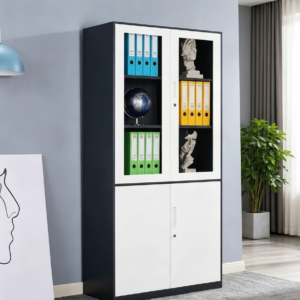Professional Steel Office Filing Cabinet – Dual-Section Glass Door & Solid Door Storage Organizer