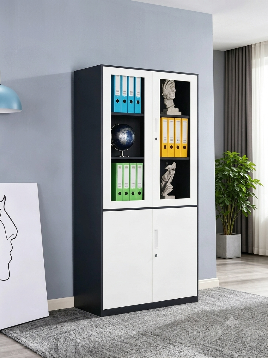 Professional Steel Office Filing Cabinet – Dual-Section Glass Door & Solid Door Storage Organizer