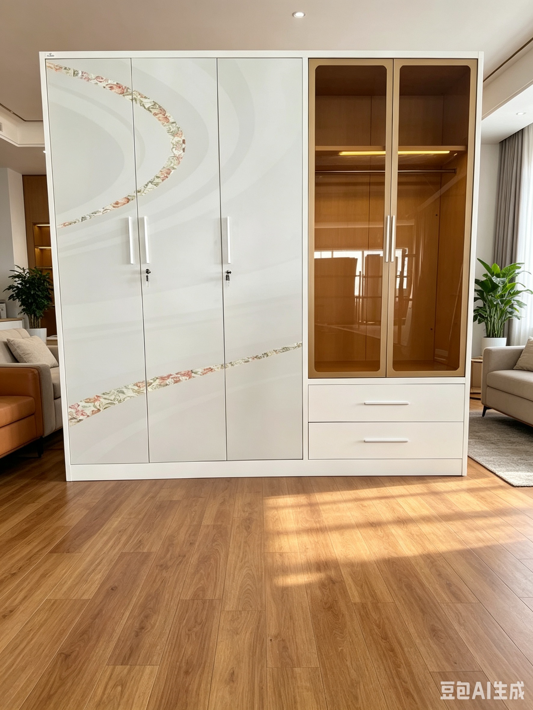 Modern 5-Door Steel Wardrobe with Luxury Glass Display - Premium Bedroom Storage Solution