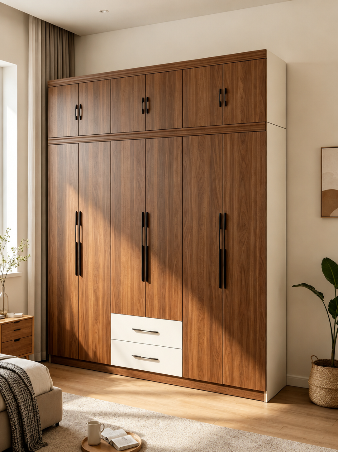 Modern 6-Door Steel Wardrobe with Overhead Storage - Large Capacity Bedroom Closet Solution