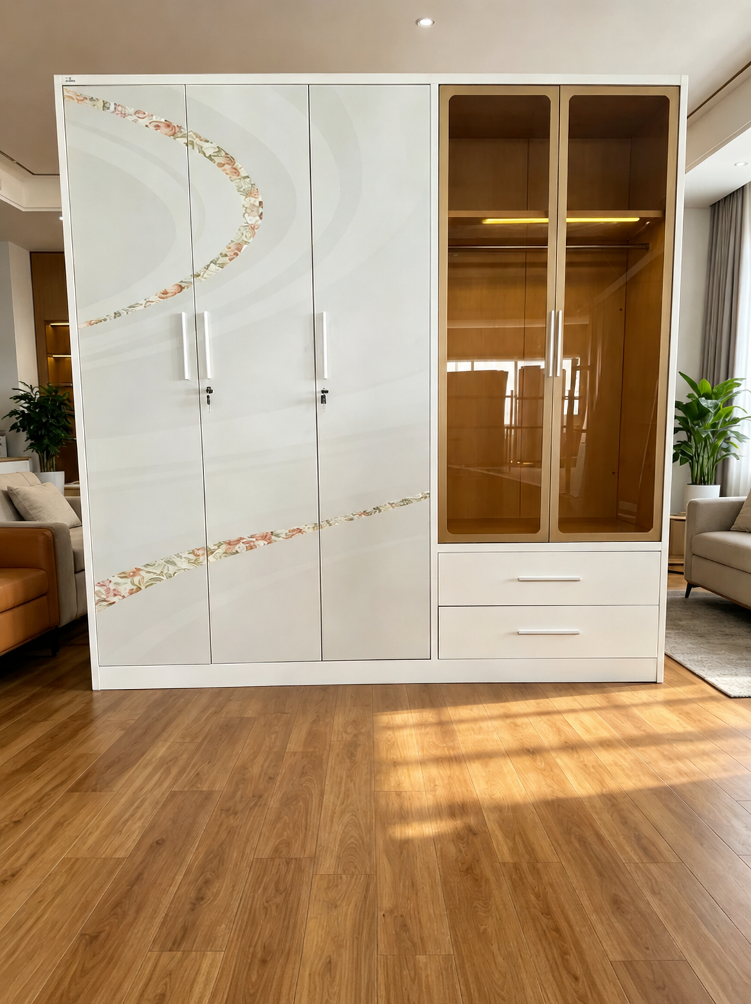 Modern 5-Door Steel Wardrobe with Luxury Glass Display - Premium Bedroom Storage Solution