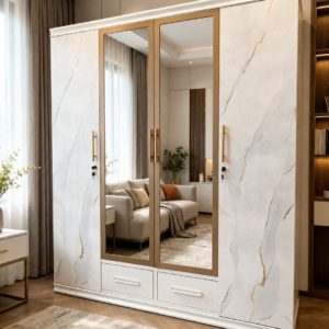 Modern 4-Door Steel Wardrobe with Dual Mirror Panels - Luxury Marble Pattern Bedroom Storage