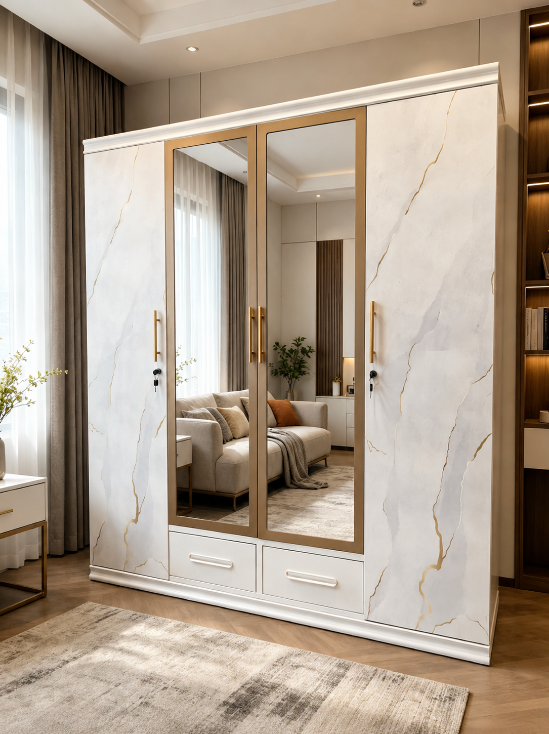 Modern 4-Door Steel Wardrobe with Dual Mirror Panels - Luxury Marble Pattern Bedroom Storage