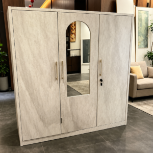 Modern 3-Door Steel Wardrobe with Arch Mirror - Premium Marble Pattern Bedroom Storage