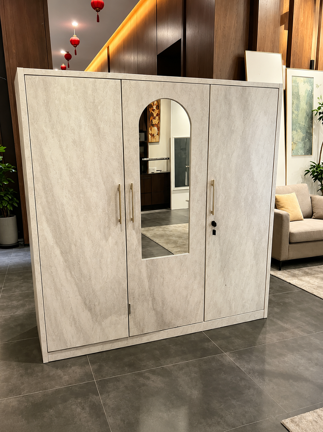 Modern 3-Door Steel Wardrobe with Arch Mirror - Premium Marble Pattern Bedroom Storage